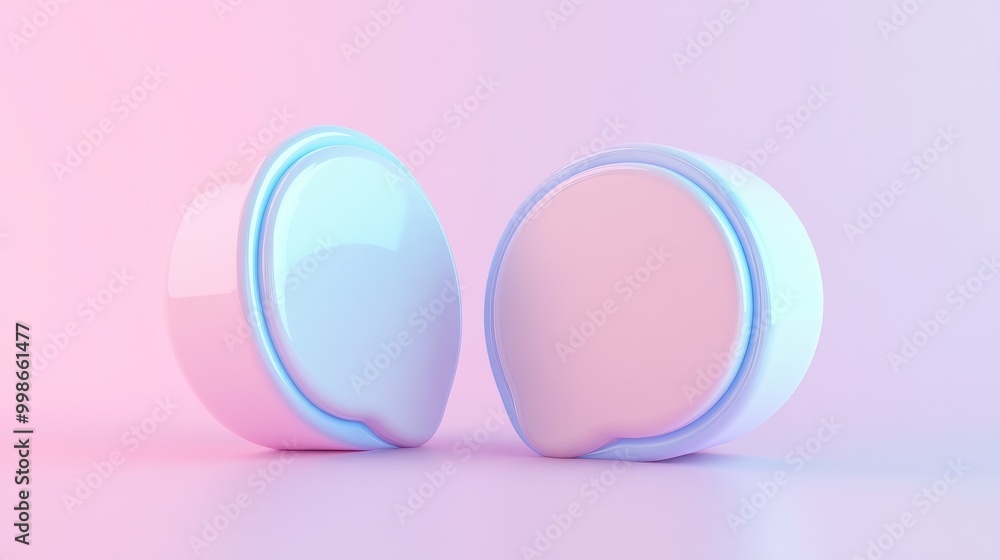 Fototapeta premium Two 3D speech bubbles in pink and blue with a holographic effect on a pink background.
