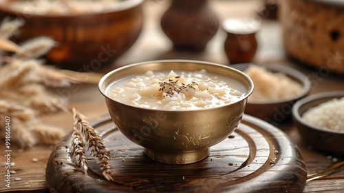 Traditional Korean makgeolli served in a brass bowl, with the milky rice wine bubbling slightly. The bowl is set on a wooden table with a backdrop of a traditional Korean tavern, 