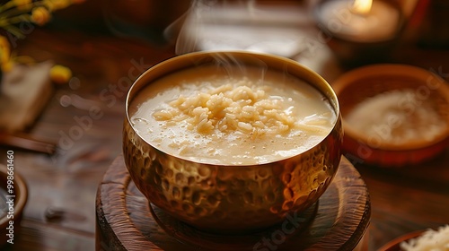 Traditional Korean makgeolli served in a brass bowl, with the milky rice wine bubbling slightly. The bowl is set on a wooden table with a backdrop of a traditional Korean tavern, 