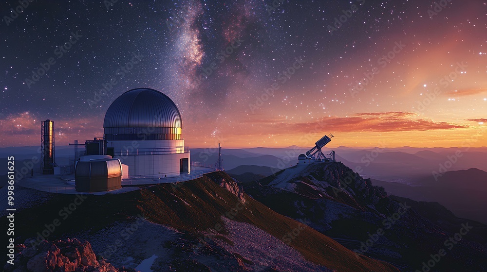 A stunning observatory atop a mountain under a vibrant sunset and starry sky, showcasing the beauty of the cosmos and the Milky Way. A stunning observatory atop a mountain under a vibrant sunset and starry sky, showcasing the beauty of the cosmos and the Milky Way.