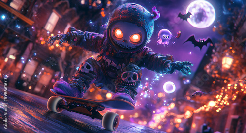 Halloween concept with character on skateboard.