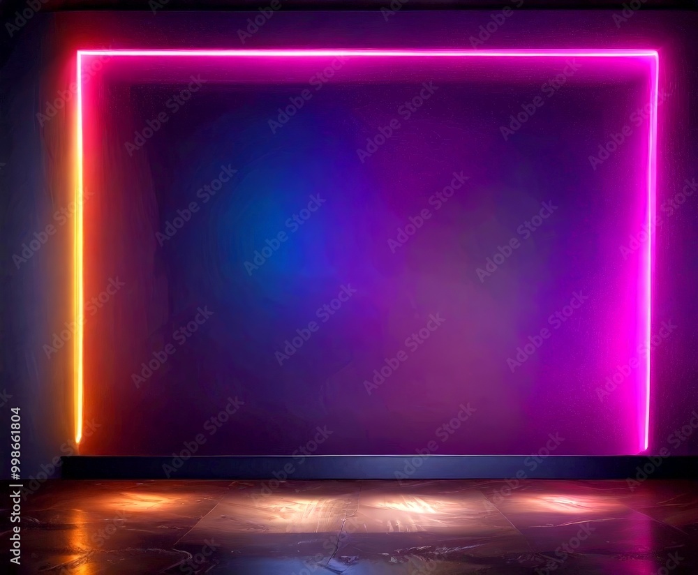 A vibrant neon strip frames a dark wall, casting a warm glow on the wooden floor below A vibrant neon strip frames a dark wall, casting a warm glow on the wooden floor below