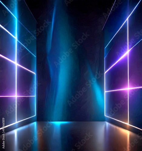 a futuristic, neon-lit room with a dark background, featuring a large central structure flanked by two walls adorned with blue and purple lights The photo