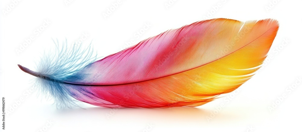 A colorful feather with blue, red, and yellow hues against a white background. A colorful feather with blue, red, and yellow hues against a white background.