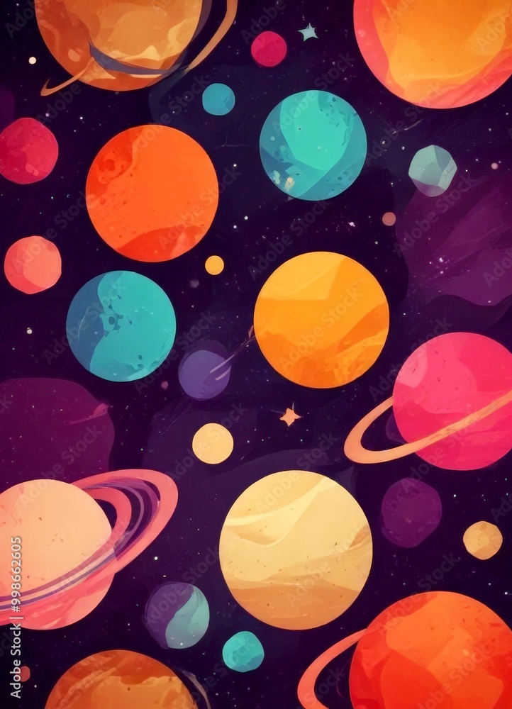 a vibrant, abstract representation solar system, featuring a variety of planets in different colors and sizes against a dark background with stars a vibrant, abstract representation solar system, featuring a variety of planets in different colors and sizes against a dark background with stars