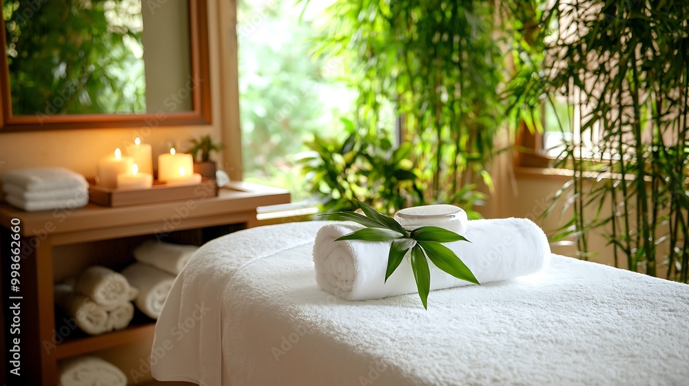 A spa table, adorned with fresh towels and green plants, invites serenity. A spa table, adorned with fresh towels and green plants, invites serenity.