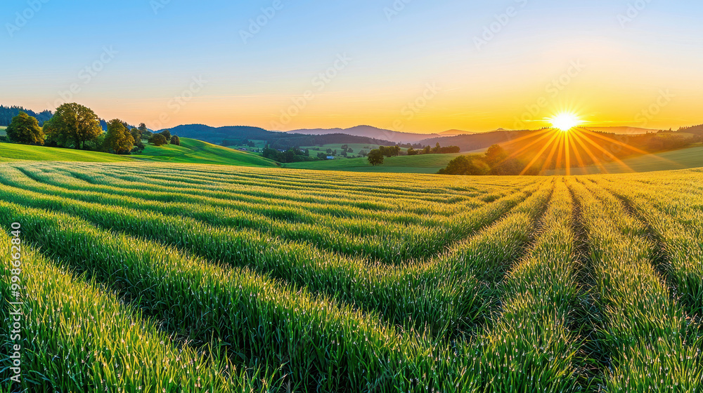 Vibrant sunrise over lush green fields with rolling hills and clear skies, showcasing rows of crops in early morning light Vibrant sunrise over lush green fields with rolling hills and clear skies, showcasing rows of crops in early morning light