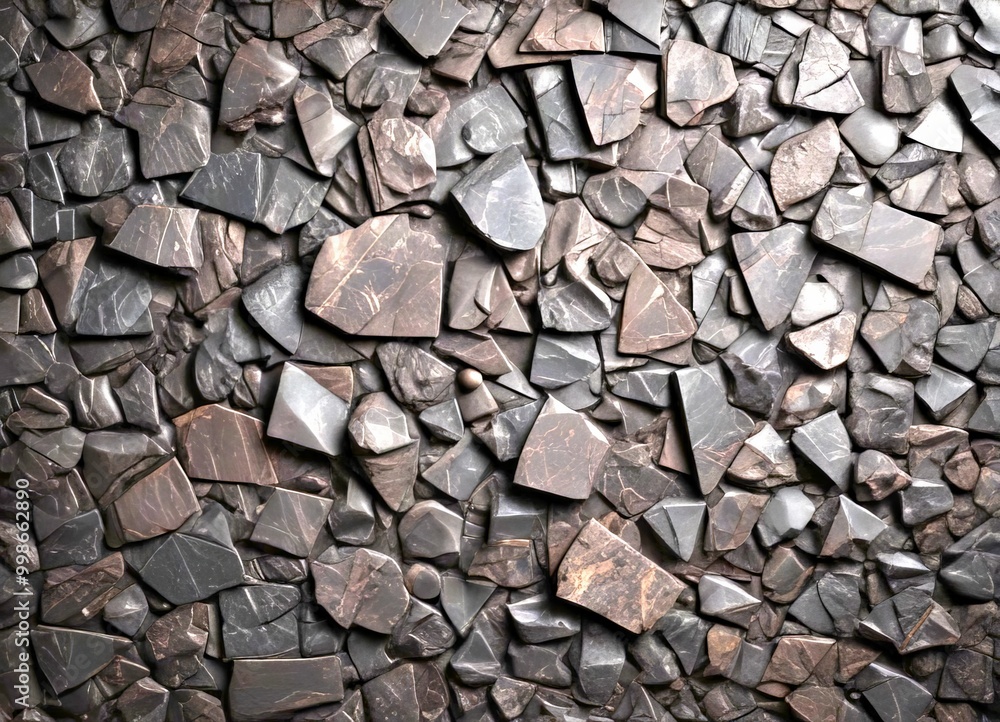 a close-up view dark, textured surface composed of numerous irregularly shaped, dark-colored stones or rocks a close-up view dark, textured surface composed of numerous irregularly shaped, dark-colored stones or rocks