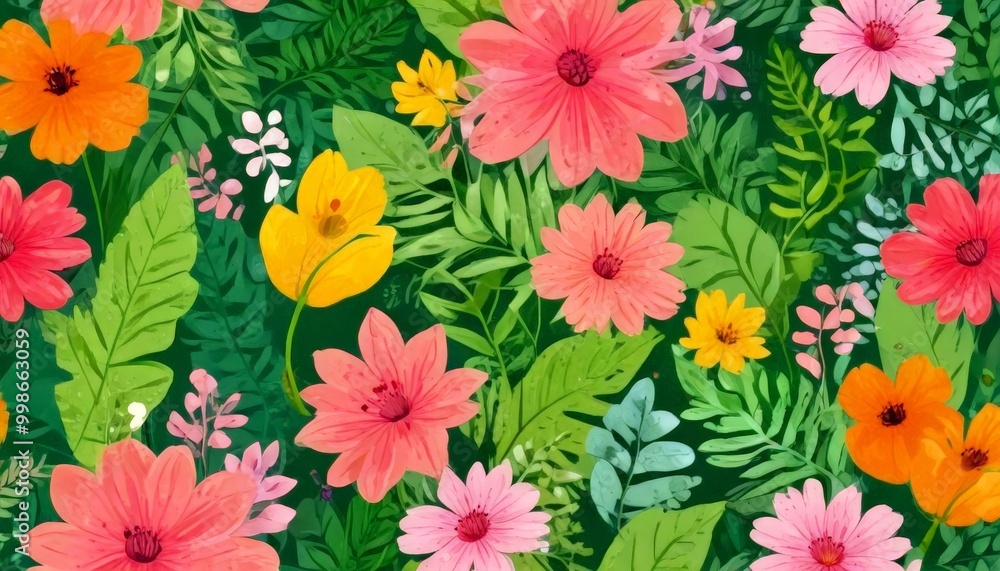 A vibrant and lush floral pattern featuring a variety of pink, yellow, orange, and green flowers and leaves against a dark green background A vibrant and lush floral pattern featuring a variety of pink, yellow, orange, and green flowers and leaves against a dark green background