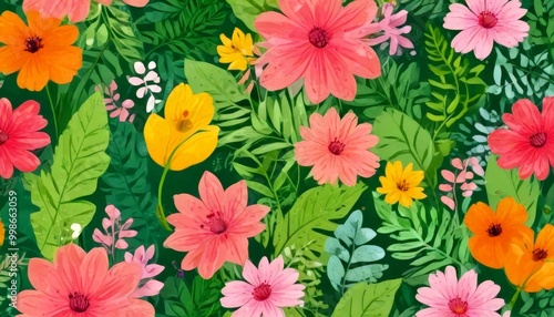 A vibrant and lush floral pattern featuring a variety of pink, yellow, orange, and green flowers and leaves against a dark green background