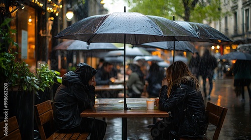 A couple shares a quiet coffee date under an umbrella, the rain adding a touch of romance.