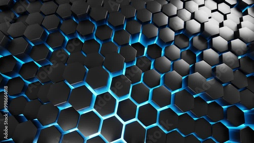 3d black hexagon looping background with glow light photo