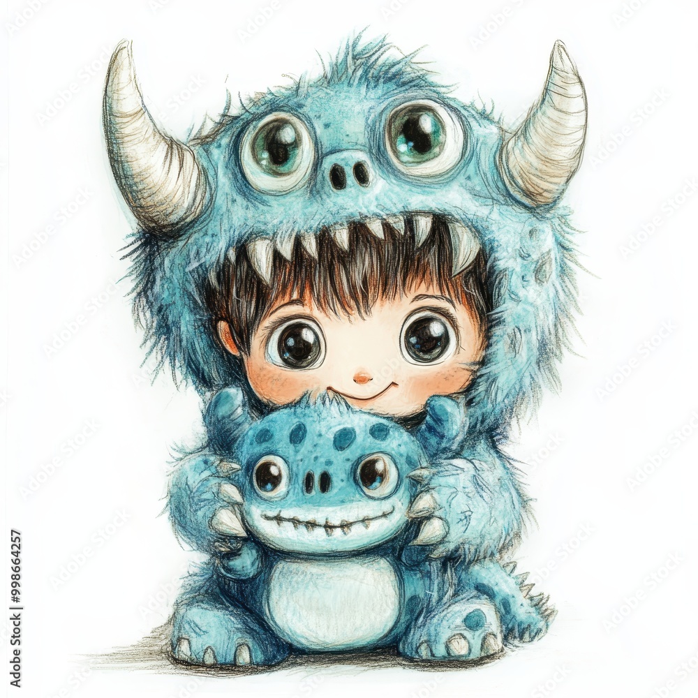 Playful Little Monster Kid in Furry Costume Hugging Plush Toy - Marker Illustration on White Background Playful Little Monster Kid in Furry Costume Hugging Plush Toy - Marker Illustration on White Background
