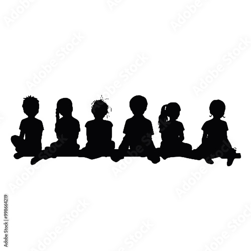  Group of sitting children silhouette vector illustration