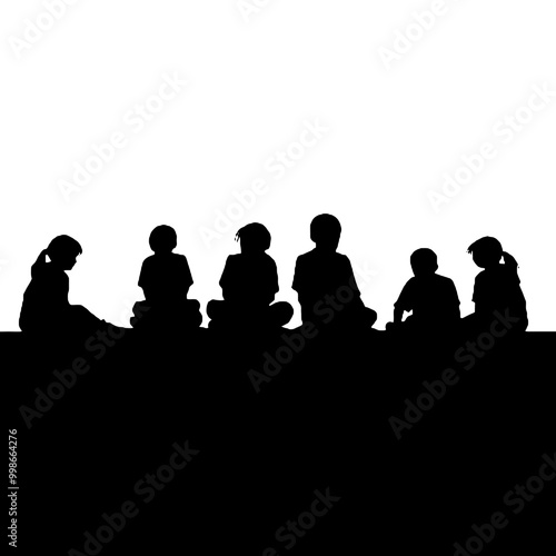  Group of sitting children silhouette vector illustration