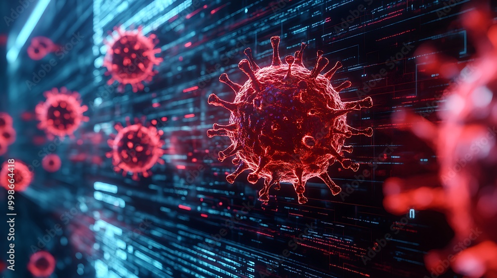 Red virus cells float against a blue digital background, blending biology and technology. Red virus cells float against a blue digital background, blending biology and technology.