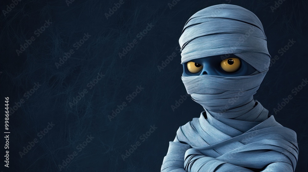 A close-up of a cartoon mummy with big, yellow eyes. A close-up of a cartoon mummy with big, yellow eyes.