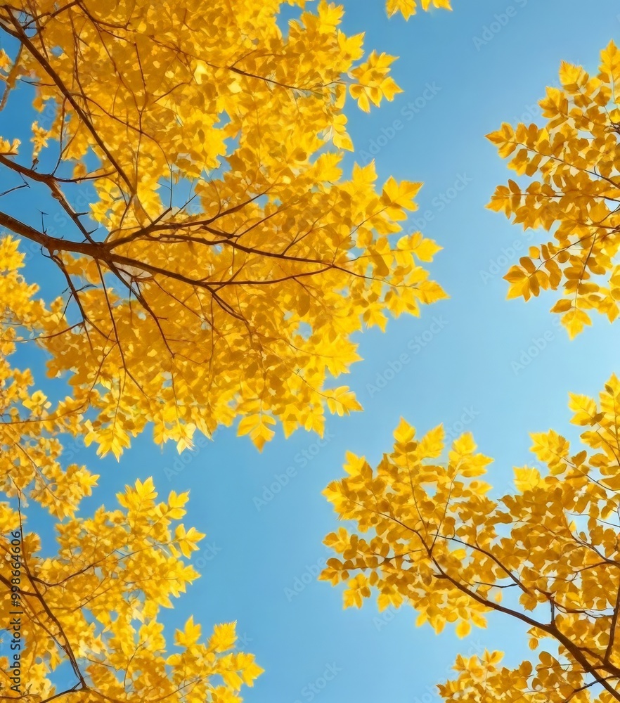 A vibrant autumn scene with yellow leaves against a clear blue sky, captured from a low angle A vibrant autumn scene with yellow leaves against a clear blue sky, captured from a low angle