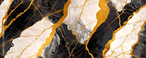 a close-up view marble surface with a striking pattern of black and white marble, interspersed with gold lines that create a sense of depth and movement