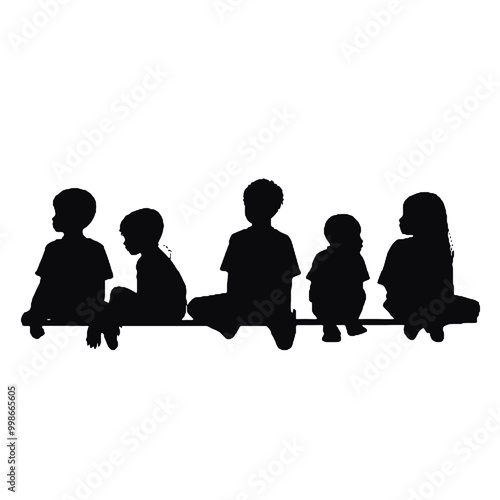  Group of sitting children silhouette vector illustration