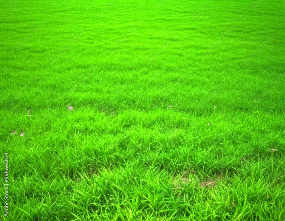 A lush, verdant field of grass stretches out, with a few small purple flowers scattered throughout the expanse A lush, verdant field of grass stretches out, with a few small purple flowers scattered throughout the expanse
