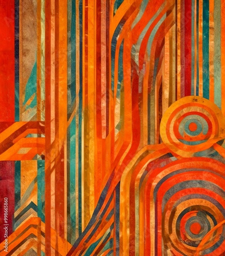 an abstract composition featuring a variety of geometric shapes and lines in warm colors, creating a dynamic and visually striking pattern photo