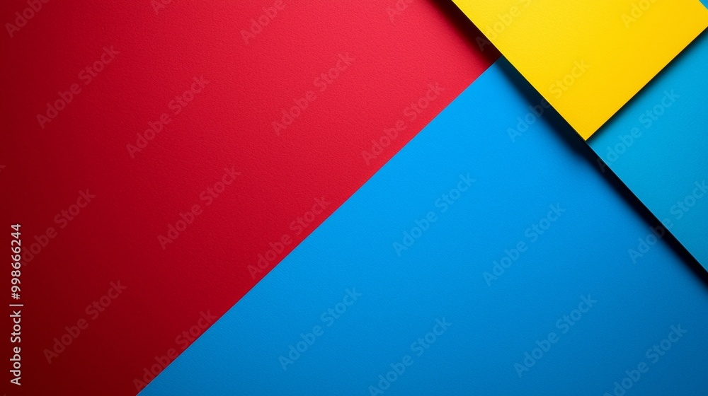 Vibrant abstract background with red, blue, and yellow paper sheets overlapping to create a modern design. Geometric shapes and patterns add creativity to this eye-catching composition Vibrant abstract background with red, blue, and yellow paper sheets overlapping to create a modern design. Geometric shapes and patterns add creativity to this eye-catching composition