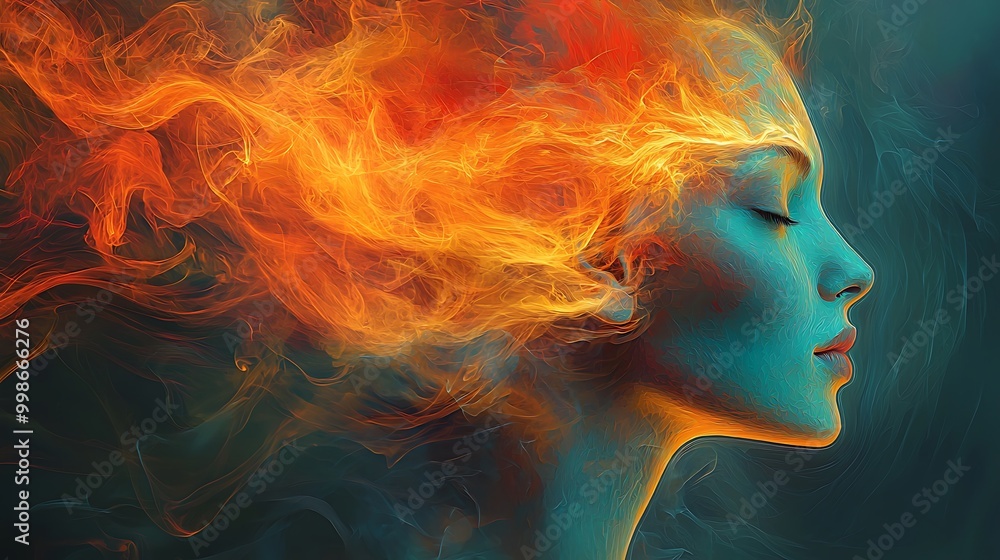 A woman�s hair blazes like fire in a striking piece of abstract art, radiating raw energy. A woman�s hair blazes like fire in a striking piece of abstract art, radiating raw energy.