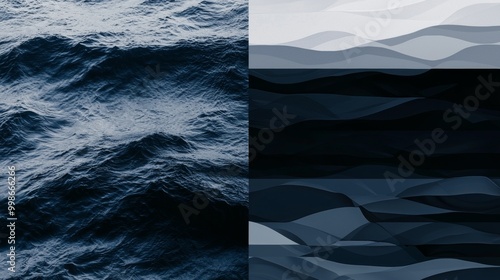 Showing the process of transforming a photo of ocean waves into a stylized graphic design, using various effects and color palettes photo