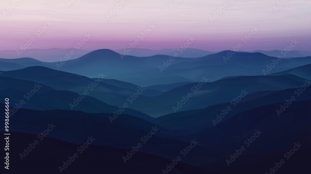 The sun sets over a dark blue mountain range, creating a gradient from light pink to dark blue. Ideal for a calming escape The sun sets over a dark blue mountain range, creating a gradient from light pink to dark blue. Ideal for a calming escape