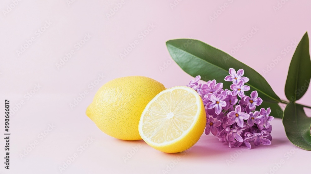 Freshly cut lemon with lilac flowers is laying on a pink background. The image is brightly lit and has a spring atmosphere Freshly cut lemon with lilac flowers is laying on a pink background. The image is brightly lit and has a spring atmosphere