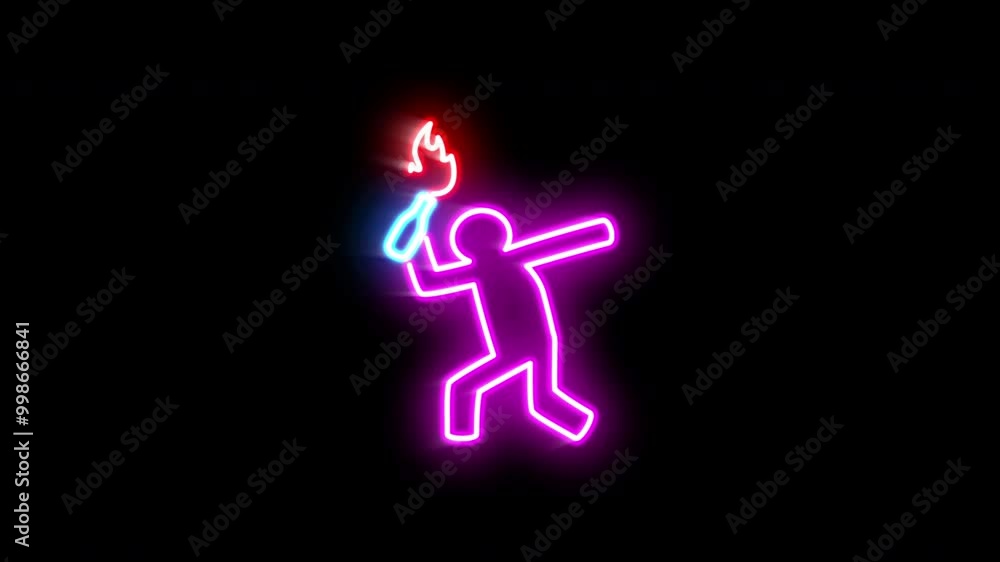 The blinking neon light of protesters icon in the black background The blinking neon light of protesters icon in the black background