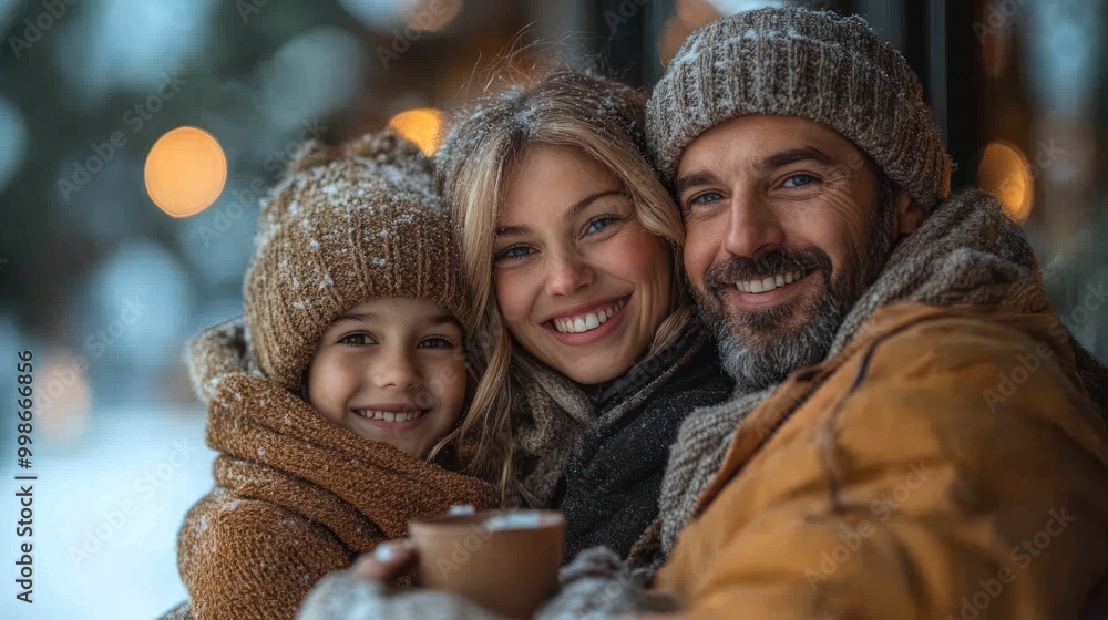 Family enjoying a cozy winter moment with hot drinks outdoors. Family enjoying a cozy winter moment with hot drinks outdoors.
