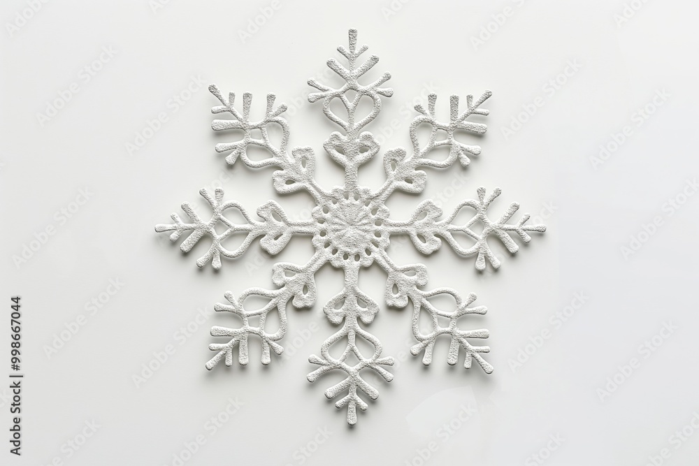 White glittery snowflake ornament is lying on a white background, providing ample copy space for holiday greetings or winter-themed designs White glittery snowflake ornament is lying on a white background, providing ample copy space for holiday greetings or winter-themed designs
