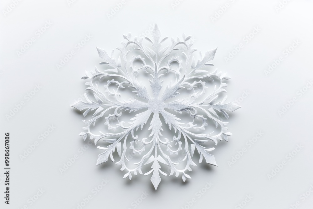 Intricately cut out paper snowflake resting on a white background, creating a delicate and festive winter holiday scene Intricately cut out paper snowflake resting on a white background, creating a delicate and festive winter holiday scene