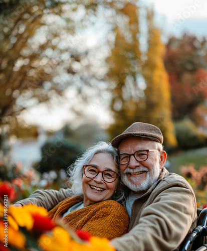 People who dream of a happy old age, are happier when they garden together. A wife in a wheelchair and her husband pushing her, preparations for a peaceful old age are needed.