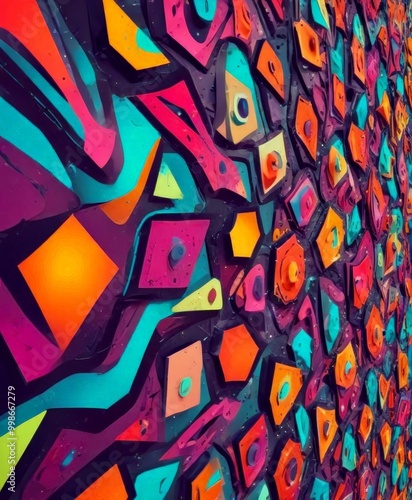 a vibrant abstract pattern composed of various geometric shapes in a variety of bright colors, including shades of orange, pink, blue, and green