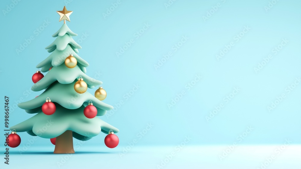 Charming cartoon christmas tree with red and gold ornaments against a blue background evokes holiday joy and warmth Charming cartoon christmas tree with red and gold ornaments against a blue background evokes holiday joy and warmth