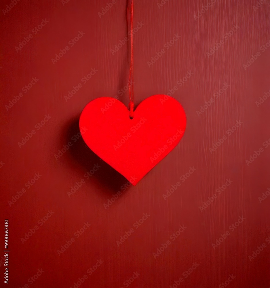 A red heart-shaped paper decoration hangs from a string against a red textured background A red heart-shaped paper decoration hangs from a string against a red textured background