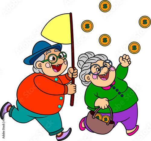 Grandma and Grandpa catch coins.  Vector illustration.