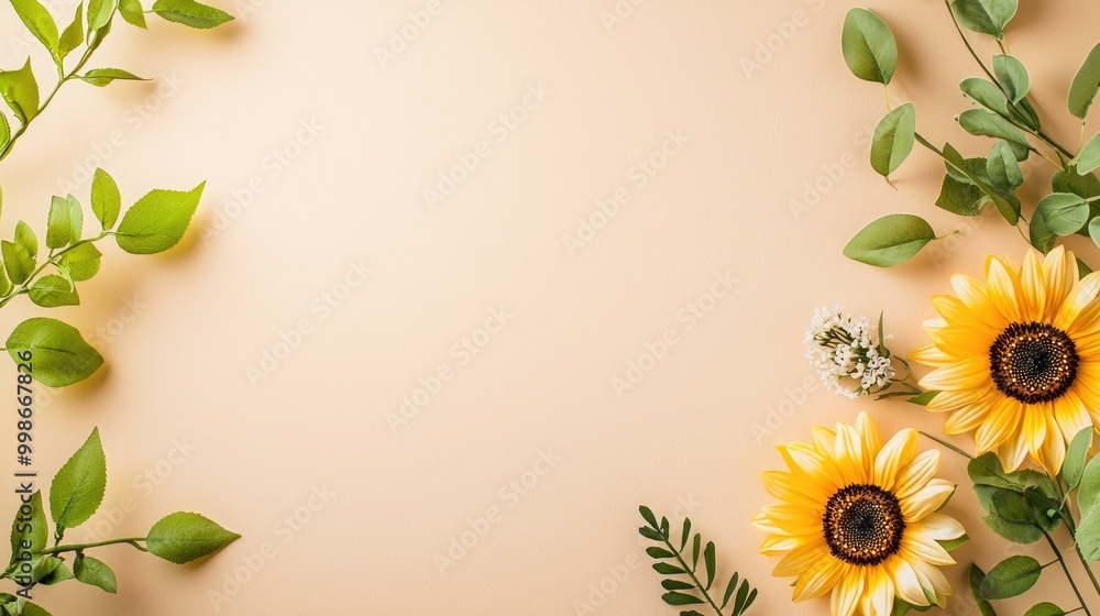 Obraz premium A stunning sunflower displaying soft shadows against a neutral beige background, creating an elegant composition with ample empty space in soothing neutral tones.