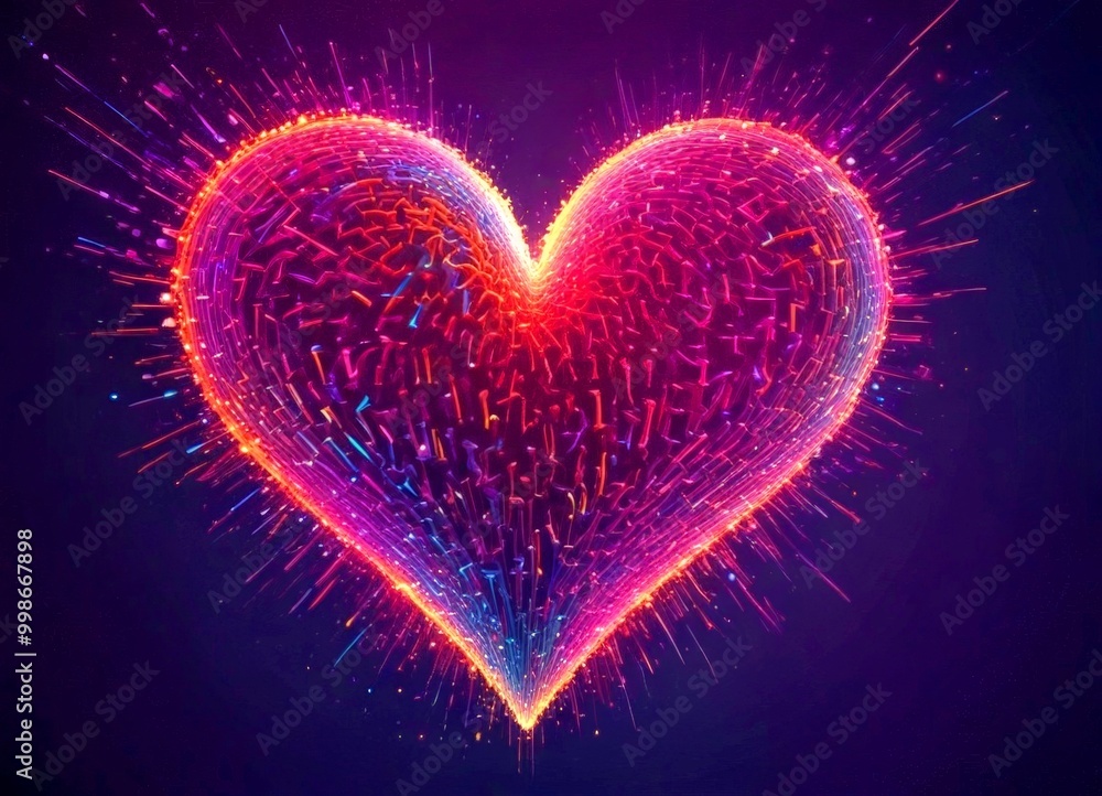 A digital illustration heart-shaped object composed of multicolored lines and dots, radiating outwards against a dark background A digital illustration heart-shaped object composed of multicolored lines and dots, radiating outwards against a dark background