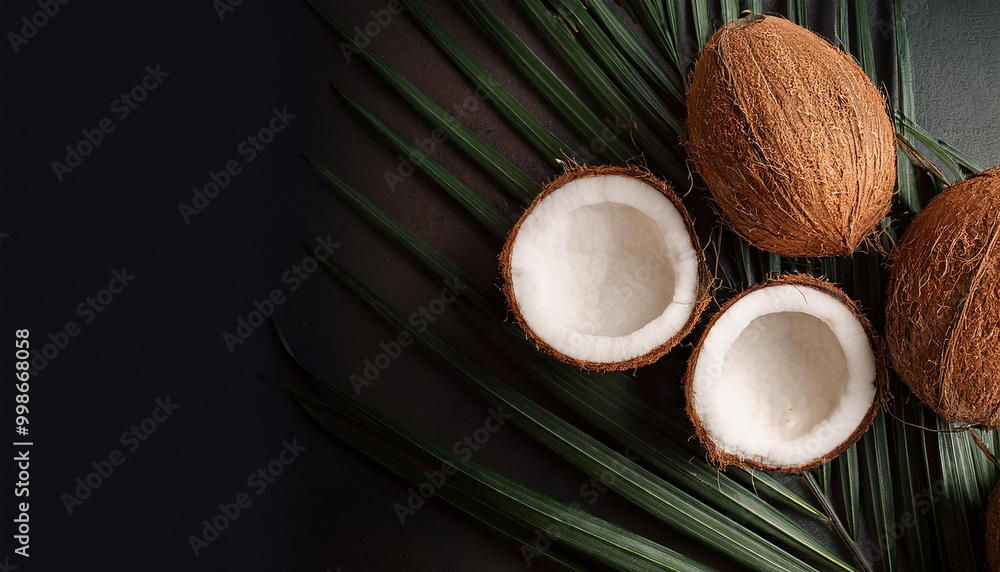 coconut with leaves isolated on white background. Top view. Flat lay coconut with leaves isolated on white background. Top view. Flat lay