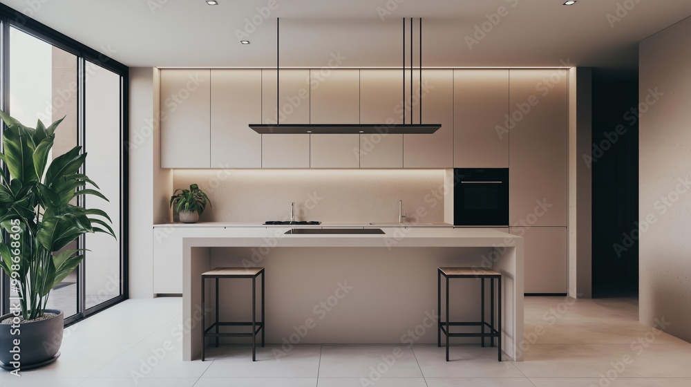 Modern kitchen with a large island, sleek cabinetry, and minimalist decor, bathed in warm, natural light from large windows, exudes sophistication and tranquility Modern kitchen with a large island, sleek cabinetry, and minimalist decor, bathed in warm, natural light from large windows, exudes sophistication and tranquility