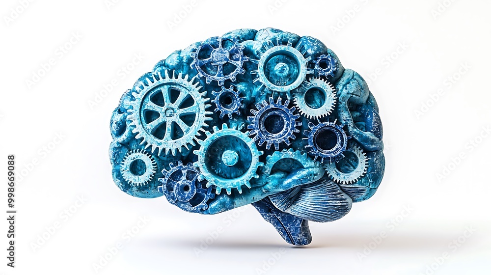 A blue brain composed of gears and cogs rotates in 3D, representing innovation and intelligence.