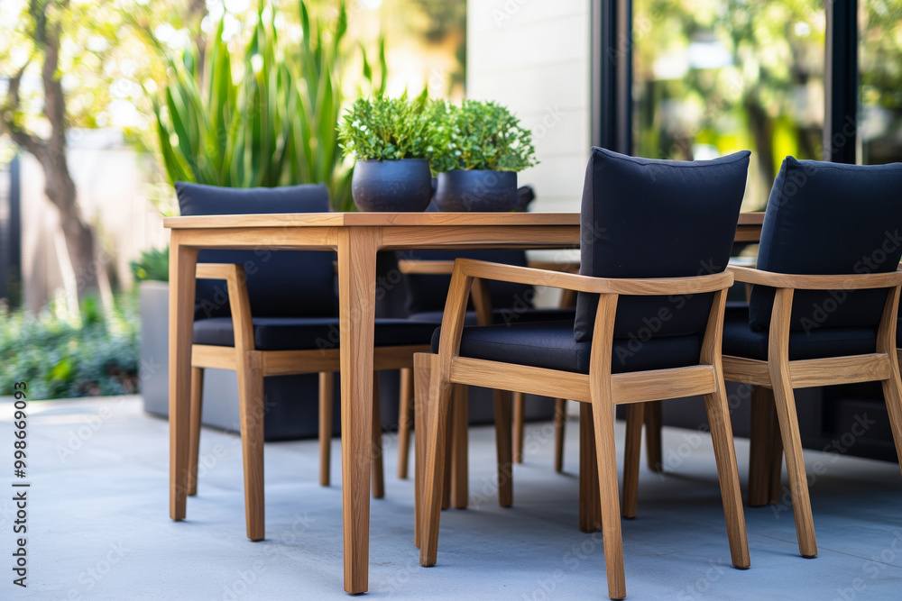 Fototapeta premium Outdoor dining area with modern wooden furniture in a garden setting