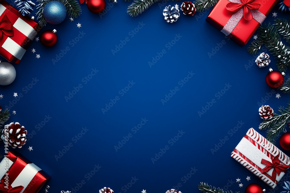 Merry Christmas and Happy Holidays Greeting Card – Christmas Ornaments and Gifts on Blue Background Merry Christmas and Happy Holidays Greeting Card – Christmas Ornaments and Gifts on Blue Background