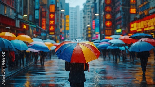 Wallpaper Mural A rainy city street bustles with life, colorful umbrellas and neon lights reflecting off the wet pavement. Torontodigital.ca