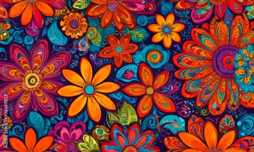 a vibrant and intricate pattern of colorful flowers and leaves against a dark background