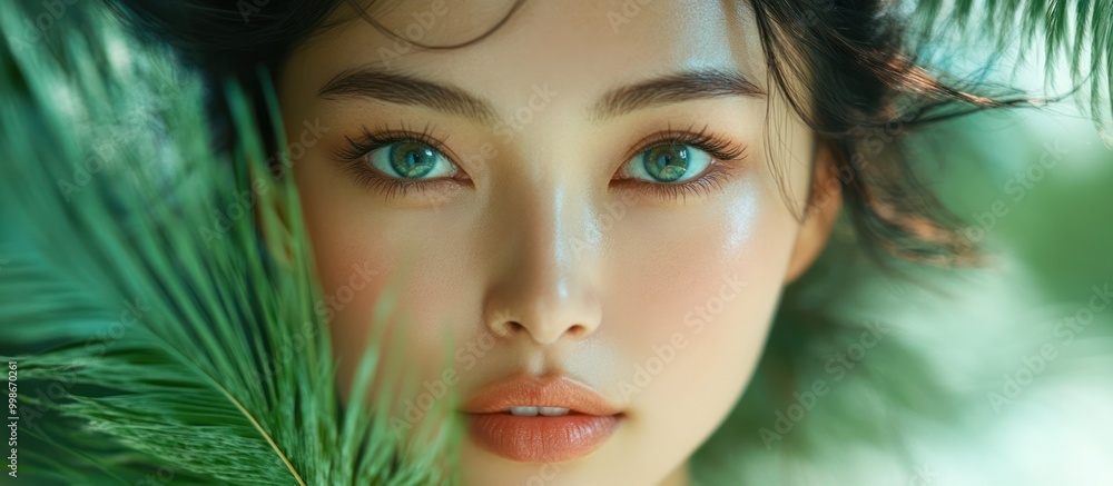 Close up portrait of a woman with beautiful green eyes, looking directly at the camera, partially obscured by a palm leaf. Close up portrait of a woman with beautiful green eyes, looking directly at the camera, partially obscured by a palm leaf.